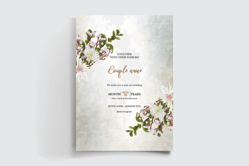 WEDDING INVITATION FRAME WITH FLOWER DECORATIONS AND FRESH LEAVES