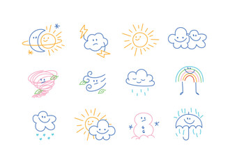 Weather cute icons drawing in cartoon kid style on white background