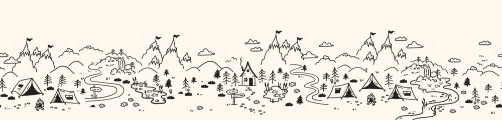 Cute hand drawn vector seamless pattern with camping doodles, tents, landscape and trails, great for textiles, banners, wallpapers