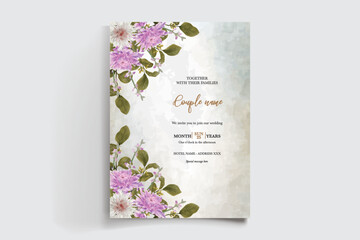WEDDING INVITATION FRAME WITH FLOWER DECORATIONS AND FRESH LEAVES