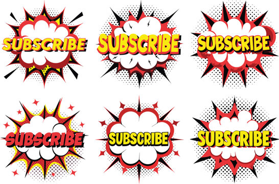 Six Colorful Comic Book Style Subscribe Buttons for Social Media