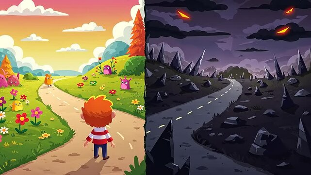 A whimsical split scene showing a vibrant path with flowers and friendly creatures contrasted with a dark, ominous road leading to a foreboding landscape