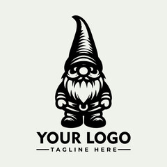 A stylized black and white illustration of a gnome with a pointed hat and a long beard, standing upright.