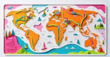 Colorful world map illustration. Routes connect landmarks, cities, nature. Bright design, playful aesthetic, global travel concept.