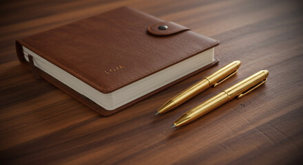Elegant Brown Leather Notebook with Gold Pens on Wooden Desk Professional Office Supplies
