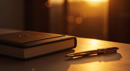 Golden Hour Desk Setting Leather Journal Gold Pen at Sunset