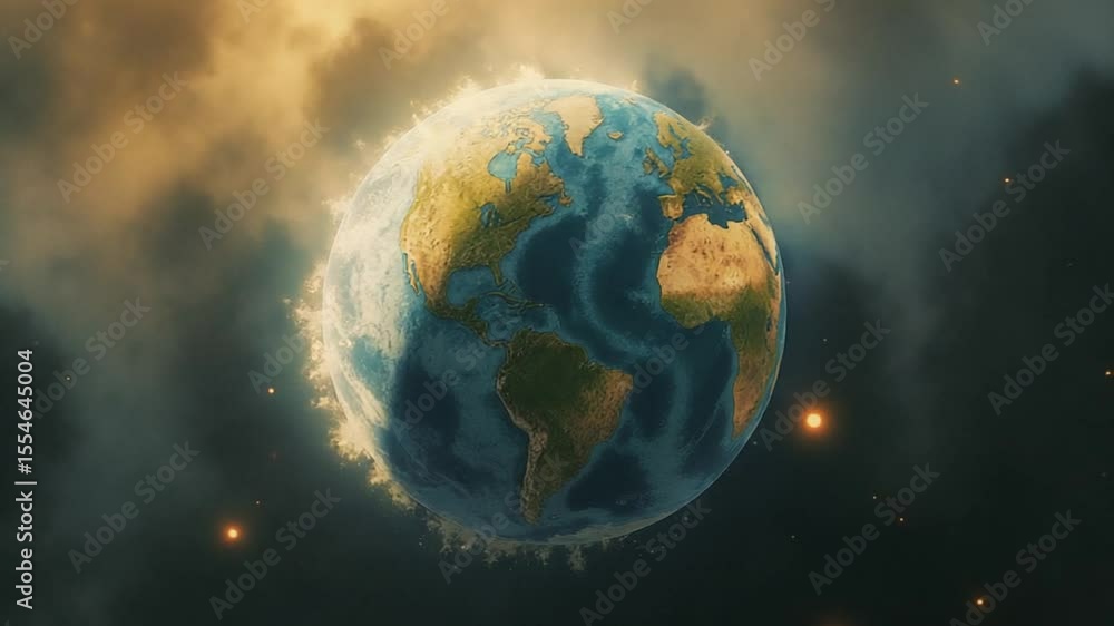Poster earth rotating in space surrounded by cloud effects - globe animation