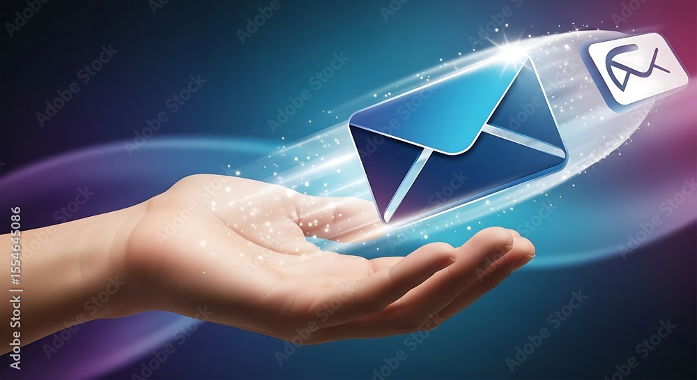 Poster sending an email is in your hand, delivering message to audience using new technology and communicat