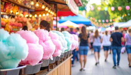 Naklejka premium Colorful cotton candy stalls at a vibrant outdoor fair with people enjoying the festivities