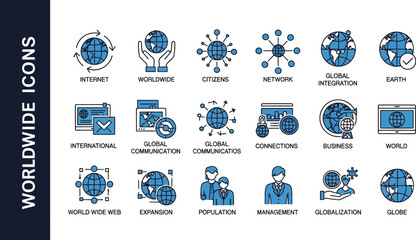 Collection of global and international themed icons in blue and white