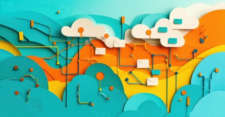 Naklejka premium Abstract papercraft landscape depicts connectivity, data flow. Bright colors, geometric shapes suggest digital world, networks.