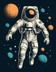 Retro-Inspired Astronaut Floating in Space with Colorful Planets and Stars in a Cosmic Background