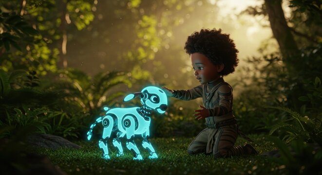 Child and glowing creature in forest