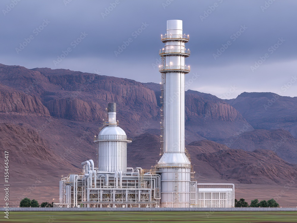 Poster industrial complex featuring advanced technology amidst dramatic mountains captures the essence of m