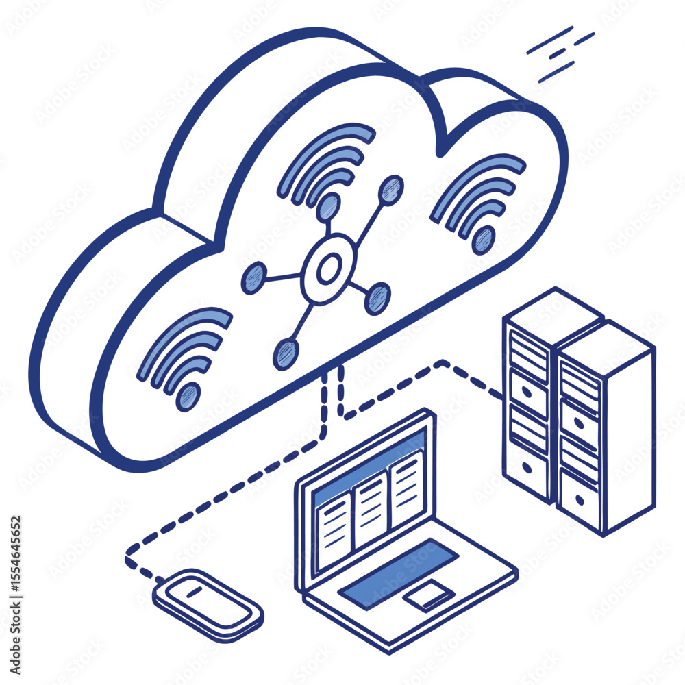 Poster blue-style cloud computing icon on a white background, for internet-based services.