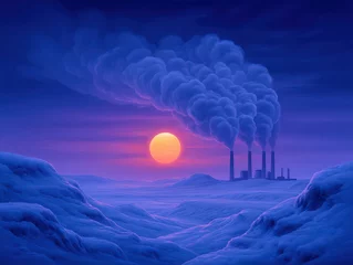 Fototapete Captivating industrial landscape with towering smokestacks releasing dark smoke against a vibrant sunset sky illuminating the frosty terrain creating a stark contrast between nature and industry © Leo Rohmann