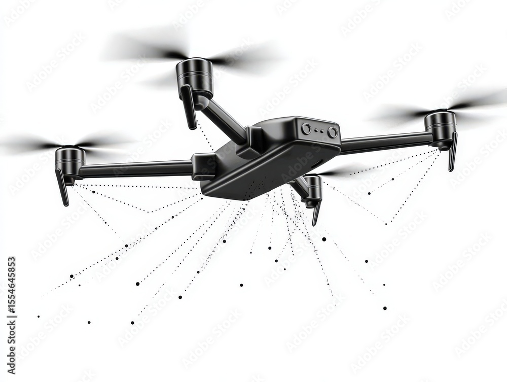 Poster high-tech drone with retractable arms soaring above ground with a dynamic spray pattern representing