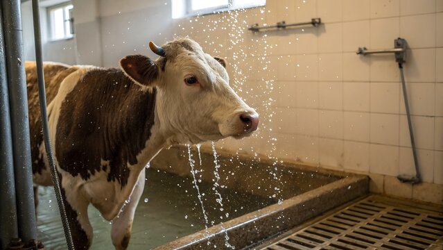 A dairy cow standing under a shower in barn. Part of a livestock hygiene routine on a rural farm. Concept of animal welfare and agricultural care.