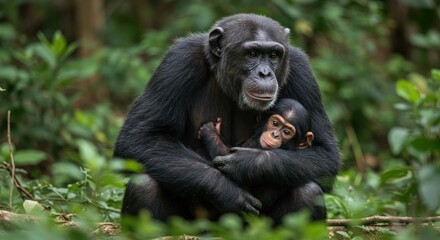 Chimpanzee mother and infant in forest