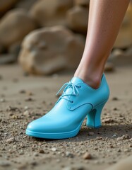 Woman's Light Blue Oxford Heels on Gravel Ground