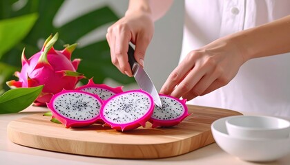 Hyper-Detailed Realistic Scene of Dragon Fruit Being Skillfully Peeled and Sliced into Perfect Round Slices on a Wooden Cutting Board with Lush Green Background