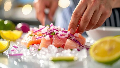 Ultra Realistic Close-Up of Fresh Red Snapper Fillet Being Thinly Sliced for Ceviche with Fresh Vegetables and Herbs in High Fidelity Detail