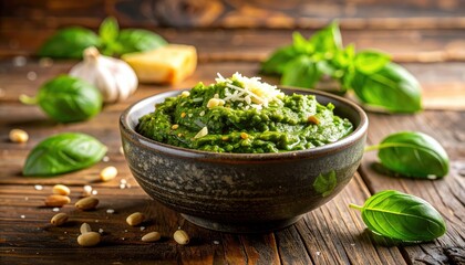 Fresh Green Pesto Sauce in a Textured Stone Bowl Surrounded by Ingredients on Rustic Wooden Surface, Ultra Realistic Close-Up Image for Culinary Art Applications