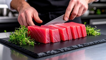 Ultra Realistic Depiction of Raw Tuna Loin Being Delicately Sliced on a Sleek Black Surface by a Skilled Chef in a High Fidelity Setting