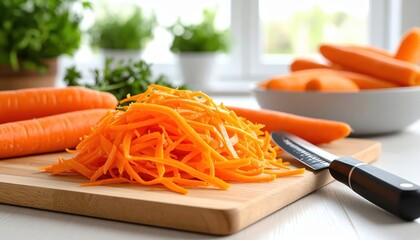 Vibrant Ultra-Realistic Carrots Being Julienned on a Light Oak Cutting Board with Fresh Herbs and Additional Carrots in the Background, High Fidelity Imagery