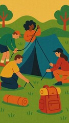 Fototapeta premium Colorful camping teamwork illustration.