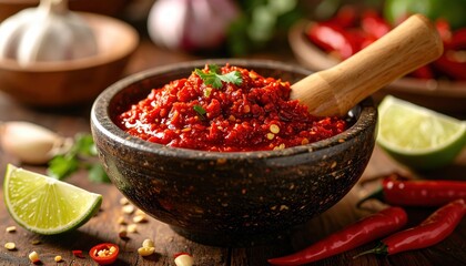 Ultra Realistic Image of Fresh Chili Paste in Stone Mortar with Wooden Pestle, Ideal for Culinary Art and Food Photography