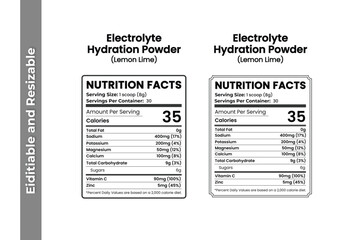 Electrolyte Hydration Powder – Lemon Lime Nutrition Facts Label  Editable Vector Template for Supplement Packaging