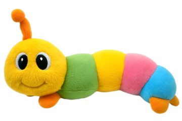 Smiling plush caterpillar toy isolated on a transparent background yellow
