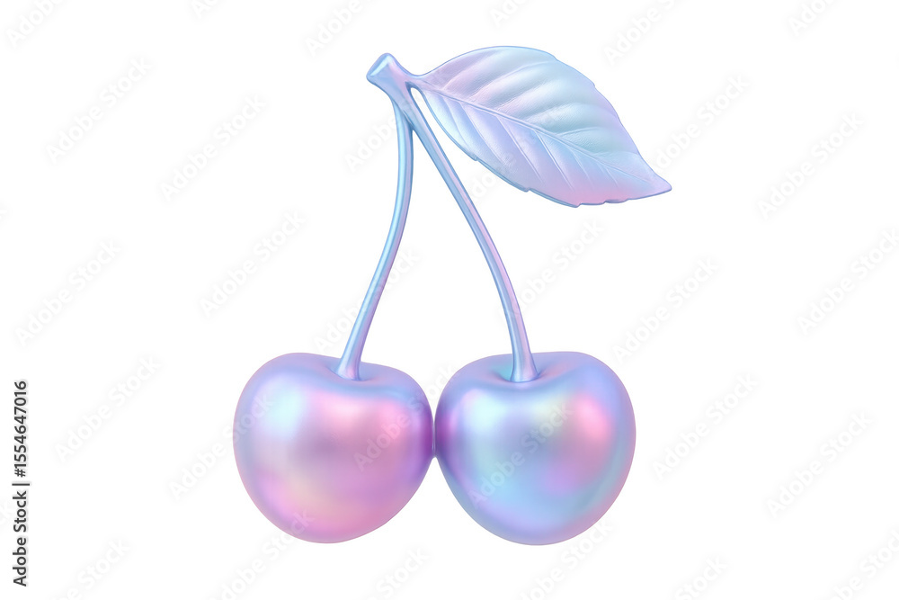 Poster 3d rendering of two shiny, holographic cherries with a leaf, isolated on a transparent background, c
