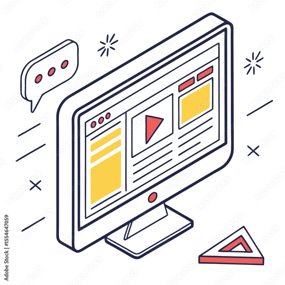 Poster isometric vector illustration of a computer monitor with a glowing display on a white background, fo