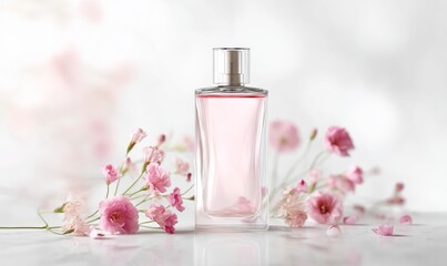 The presentation of a perfume bottle with golden liquid, surrounded by delicate white flowers and buds, evokes a sense of luxurious and natural scent