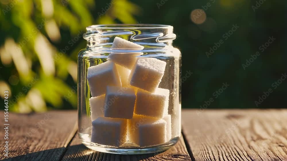 Poster sugar cubes are neatly arranged inside a glass jar, placed on a weathered wooden table against a bac