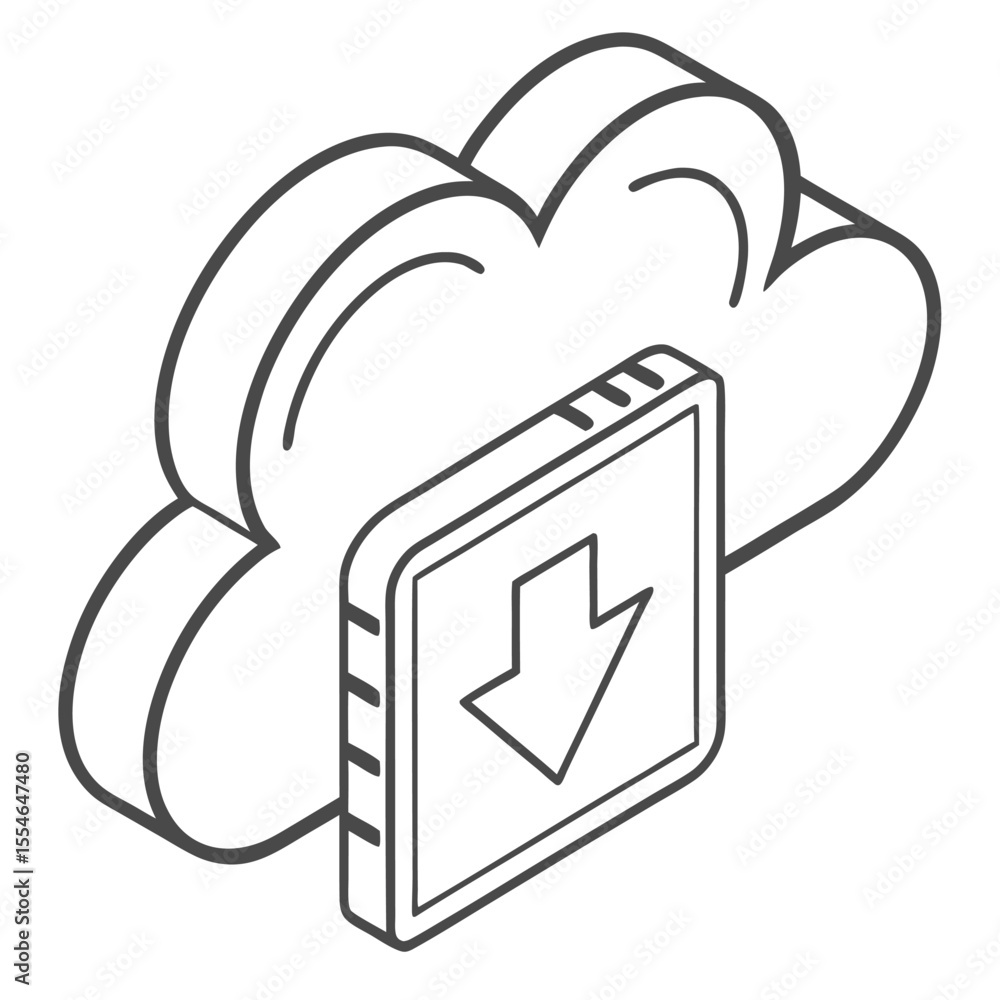 Poster minimal vector cloud download icon on a white background, symbolizing data retrieval from the cloud.