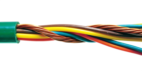 Twisted electrical wires with copper strands isolated on a transparent background