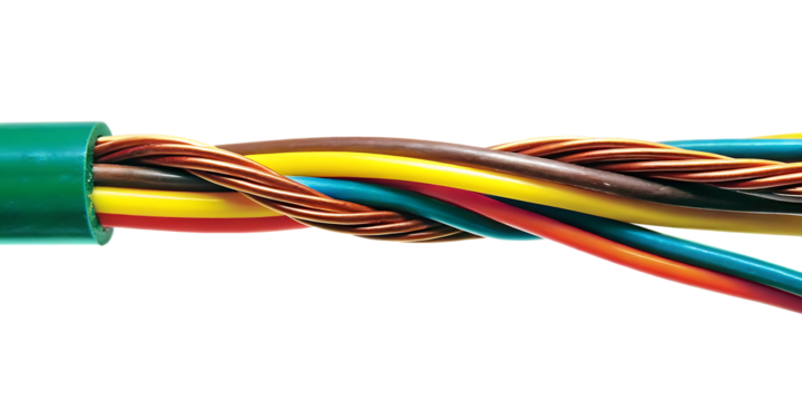 Twisted electrical wires with copper strands isolated on a transparent background