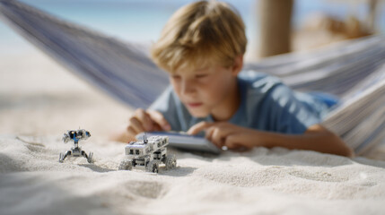 Child engages in programming a robot dog on the beach as parents work on laptops in hammocks