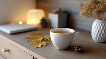 Fototapeta premium Cozy home office with warm lighting, tea, and autumn decor for seasonal productivity