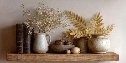 A beautifully arranged shelf with vintage items and dried plants evokes the warmth of early fall