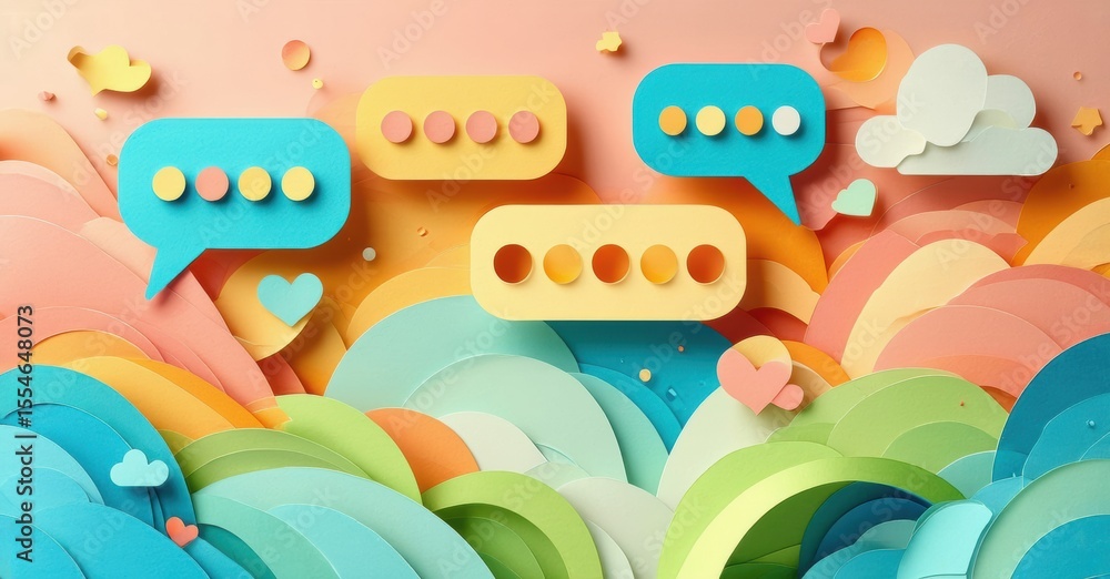 Poster papercraft landscape features colorful waves, clouds, speech bubbles. soft pastel tones create whims