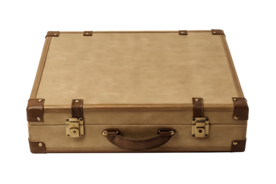 Vintage tan suitcase with brown leather straps isolated on a transparent background