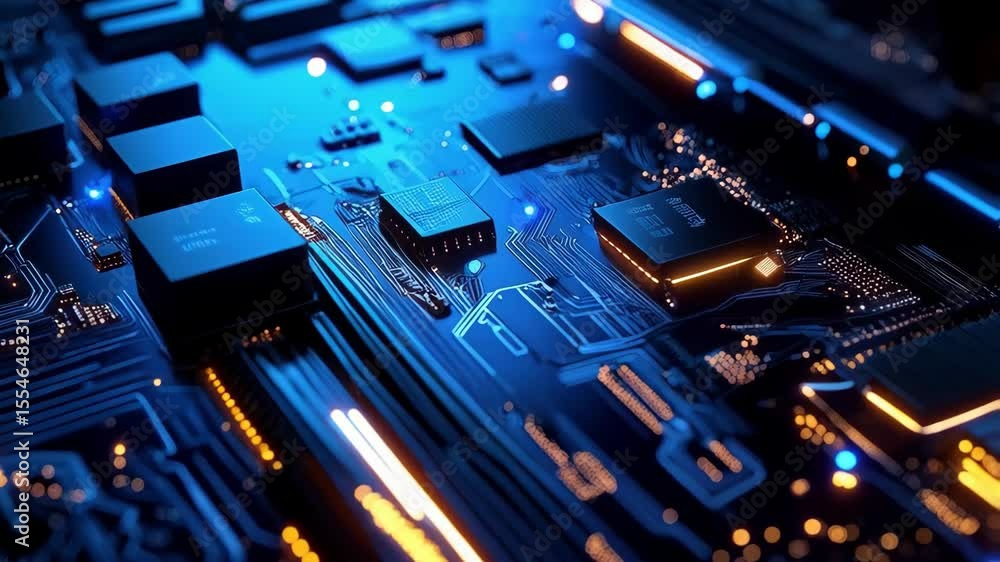 Poster detailed view of a complex electronic circuit board with interconnected components and glowing trace