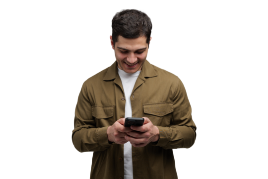 Young man enjoying a moment of connection while browsing on his smartphone 