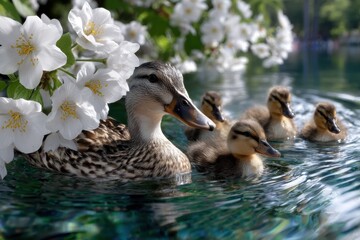 Fototapeta premium Mother duck and her ducklings swimming among flowers in serene water landscape