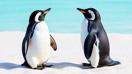 Obraz premium Two penguins stand on a white sand beach facing each other, with a turquoise sea background. Ideal for nature photography, wildlife documentaries, or travel promotions.