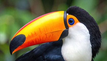 Vibrant toucan perched amidst lush greenery, showcasing its striking beak and colorful plumage